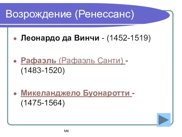 мк Возрождение (Ренессанс) Леонардо да Винчи - (1452-1519) Рафаэль (Рафаэль Санти)