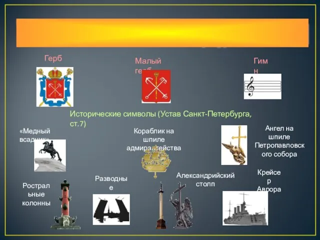 Также к символам Санкт-Петербурга относятся Герб Малый герб Гимн Исторические символы