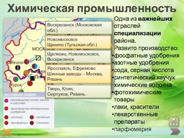 Химическая промышленность Одна из важнейших отраслей специализации района. Развито производство: фосфатные