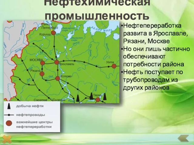 Нефтехимическая промышленность Нефтепереработка развита в Ярославле, Рязани, Москве Но они лишь