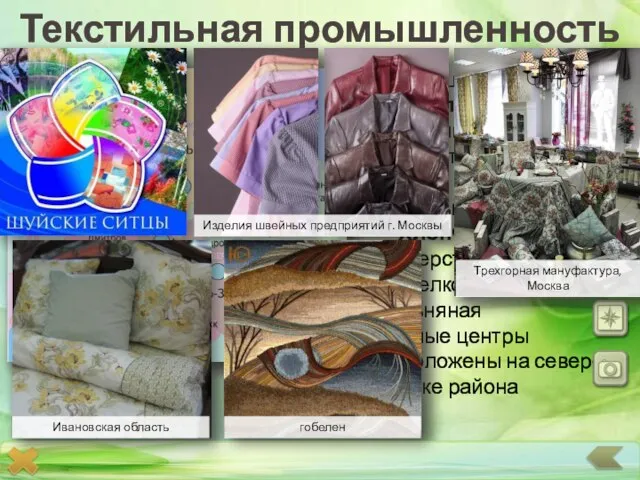 Старейшая отрасль специализации Центральной России Работает на привозном сырье Основные отрасли: