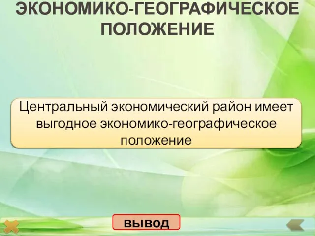 ЭКОНОМИКО-ГЕОГРАФИЧЕСКОЕ ПОЛОЖЕНИЕ вывод Центральный экономический район имеет выгодное экономико-географическое положение