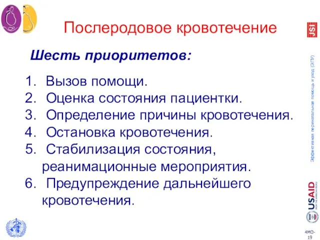 Послеродовое кровотечение Шесть приоритетов: Вызов помощи. Оценка состояния пациентки. Определение причины