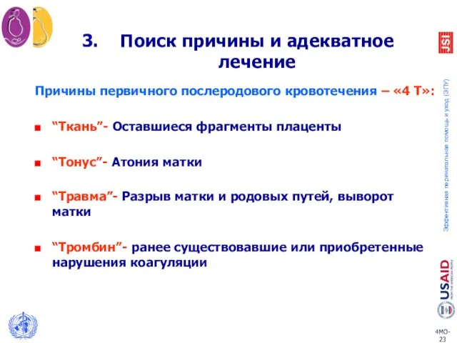 Поиск причины и адекватное лечение Причины первичного послеродового кровотечения – «4