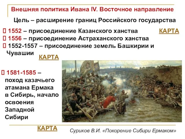 Суриков В.И. «Покорение Сибири Ермаком» Внешняя политика Ивана IV. Восточное направление