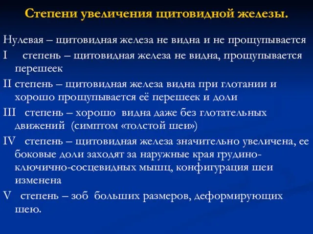 Степени увеличения щитовидной железы. Нулевая – щитовидная железа не видна и