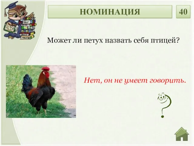 Нет, он не умеет говорить. Может ли петух назвать себя птицей? НОМИНАЦИЯ 40