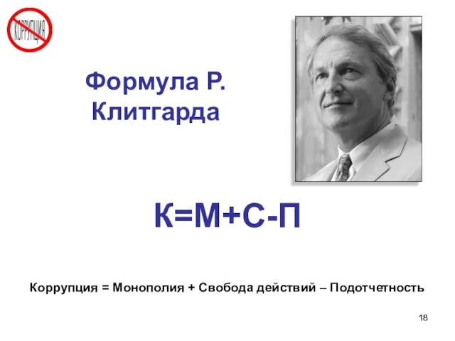 Формула Р.Клитгарда К=M+С-П Коррупция = Монополия + Свобода действий – Подотчетность