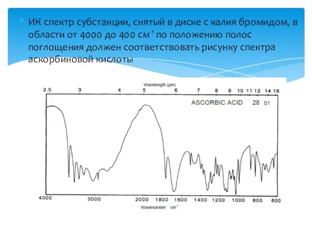 ИК спектр субстанции, снятый в диске с калия бромидом, в области