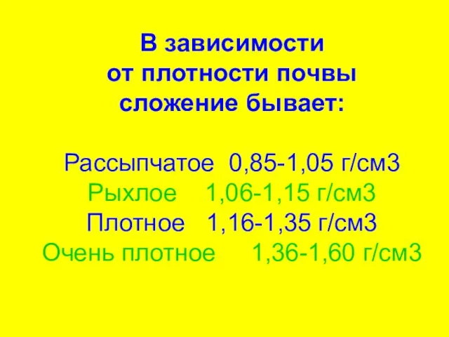 В зависимости от плотности почвы сложение бывает: Рассыпчатое 0,85-1,05 г/см3 Рыхлое