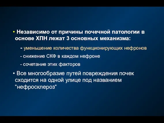 Независимо от причины почечной патологии в основе ХПН лежат 3 основных