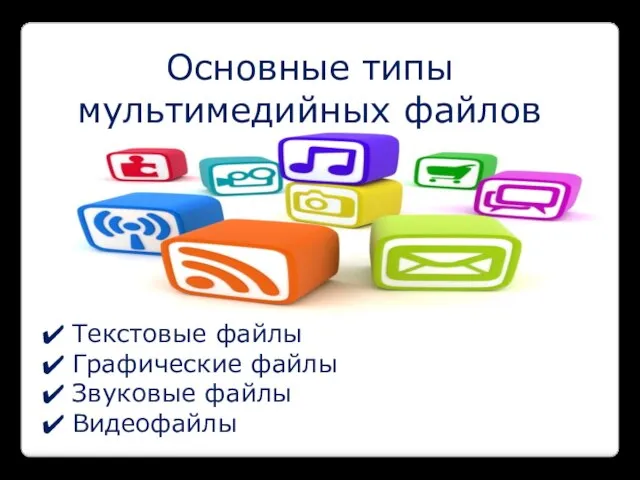 Основные типы мультимедийных файлов Текстовые файлы Графические файлы Звуковые файлы Видеофайлы