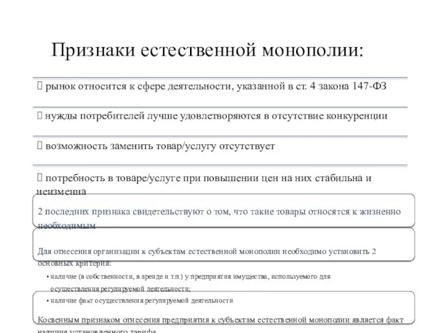 Признаки естественной монополии: ⮛ рынок относится к сфере деятельности, указанной в