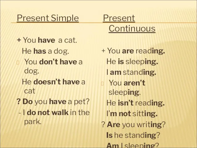 Present Simple + You have a cat. He has a dog.