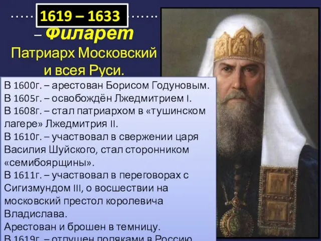 ………………………….– Филарет Патриарх Московский и всея Руси. 1619 – 1633 В