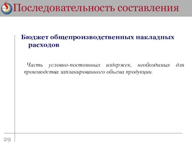 Последовательность составления 29 Бюджет общепроизводственных накладных расходов Часть условно-постоянных издержек, необходимых для производства запланированного объема продукции.