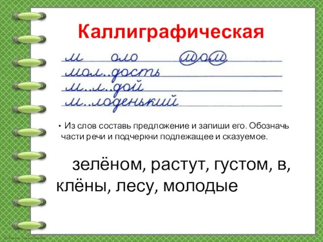 Каллиграфическая минутка Из слов составь предложение и запиши его. Обозначь части