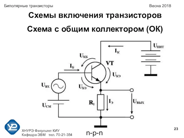 ХНУРЭ Факультет КИУ Кафедра ЭВМ тел. 70-21-354 Биполярные транзисторы Весна 2018