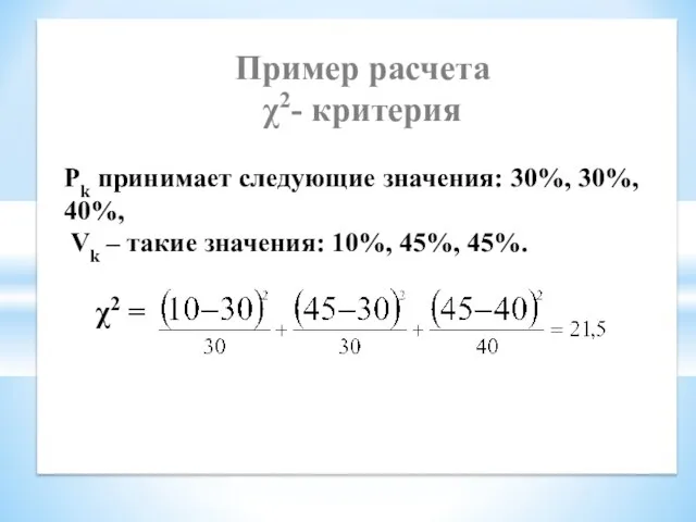 Пример расчета χ2- критерия χ2 = Pk принимает следующие значения: 30%,