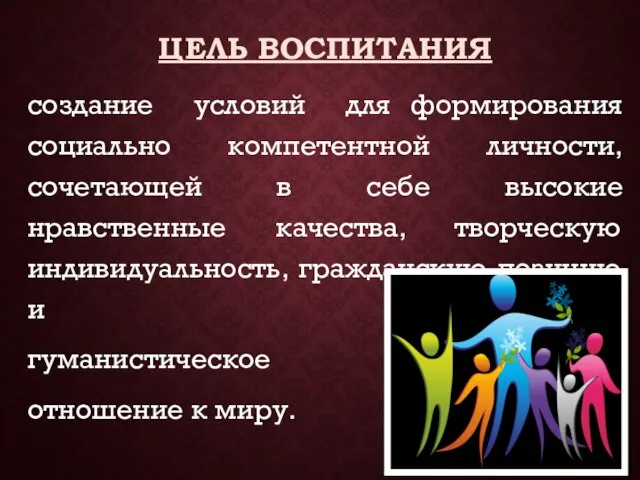 ЦЕЛЬ ВОСПИТАНИЯ создание условий для формирования социально компетентной личности, сочетающей в