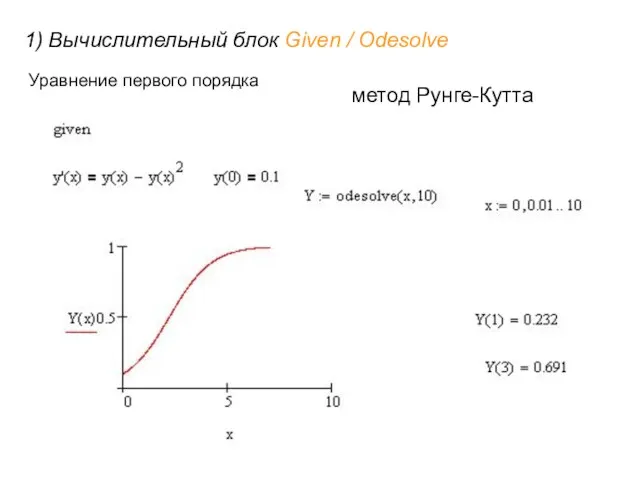 1) Вычислительный блок Given / Odesolve Уравнение первого порядка метод Рунге-Кутта
