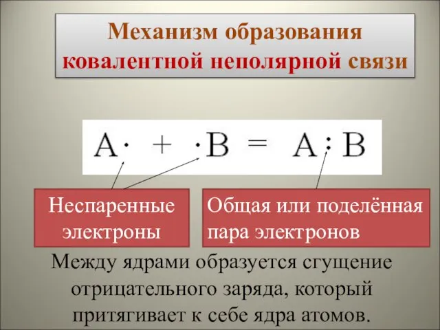 Механизм образования ковалентной неполярной связи Неспаренные электроны Общая или поделённая пара