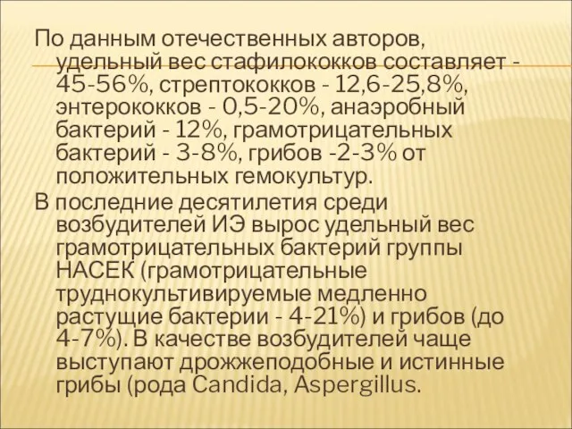 По данным отечественных авторов, удельный вес стафилококков составляет - 45-56%, стрептококков