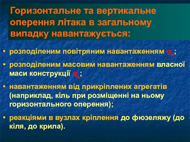 Горизонтальне та вертикальне оперення літака в загальному випадку навантажується: розподіленим повітряним