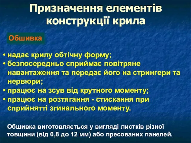 Призначення елементів конструкції крила надає крилу обтічну форму; безпосередньо сприймає повітряне