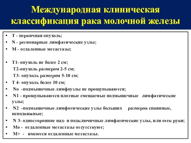 Международная клиническая классификация рака молочной железы Т - первичная опухоль; N