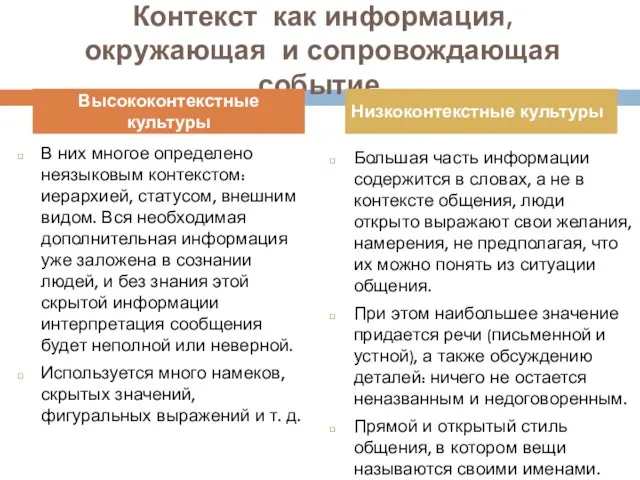 Контекст как информация, окружающая и сопровождающая событие. В них многое определено