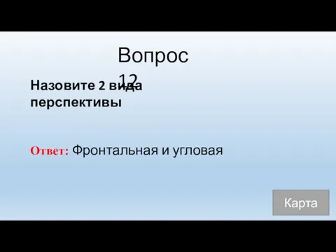 Вопрос 12 Назовите 2 вида перспективы Ответ: Фронтальная и угловая Карта