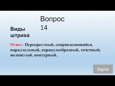 Вопрос 14 Виды штриха Ответ: Перекрестный, соприкасающийся, параллельный, каракулеобразный, точечный, волнистый, контурный. Карта