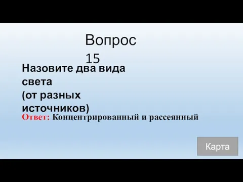 Вопрос 15 Назовите два вида света (от разных источников) Ответ: Концентрированный и рассеянный Карта