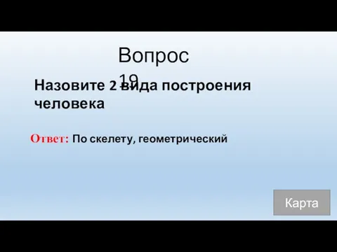 Вопрос 19 Назовите 2 вида построения человека Ответ: По скелету, геометрический Карта