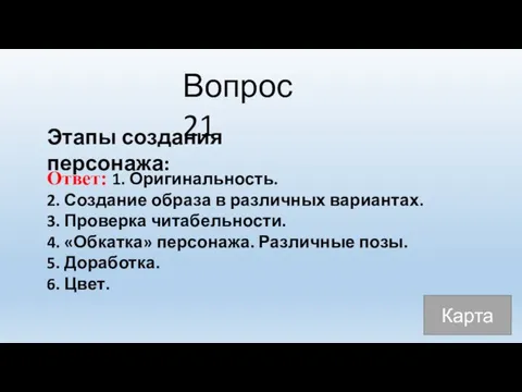 Вопрос 21 Ответ: 1. Оригинальность. 2. Создание образа в различных вариантах.