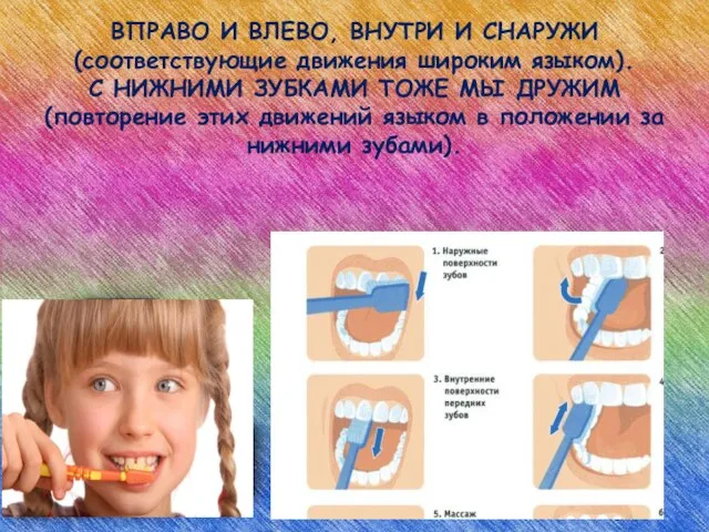 ВПРАВО И ВЛЕВО, ВНУТРИ И СНАРУЖИ (соответствующие движения широким языком). С