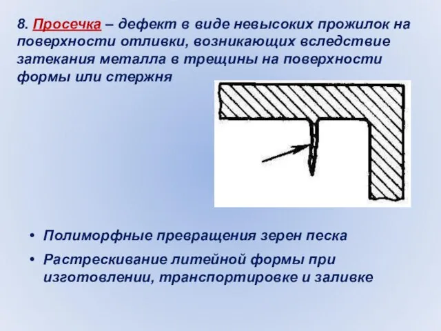 8. Просечка – дефект в виде невысоких прожилок на поверхности отливки,