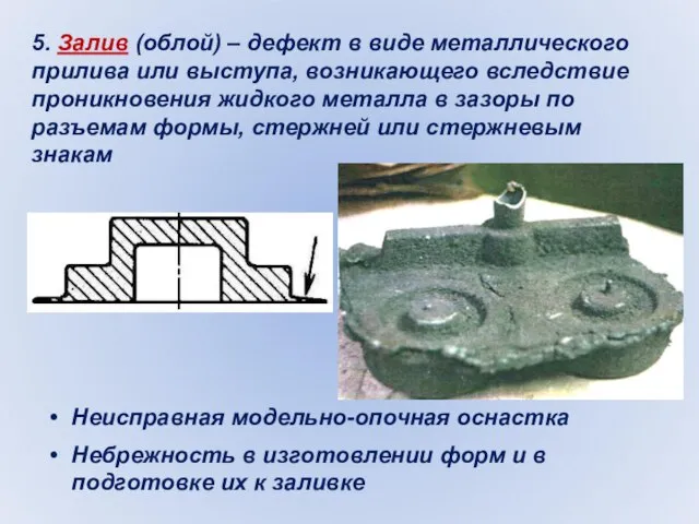 5. Залив (облой) – дефект в виде металлического прилива или выступа,