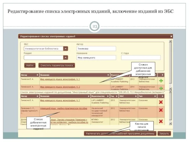 Редактирование списка электронных изданий, включение изданий из ЭБС Список доступных для