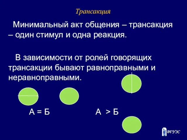 Трансакция Минимальный акт общения – трансакция – один стимул и одна