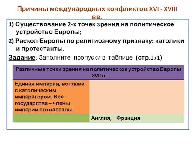 Причины международных конфликтов XVI - XVIII вв. 1) Существование 2-х точек