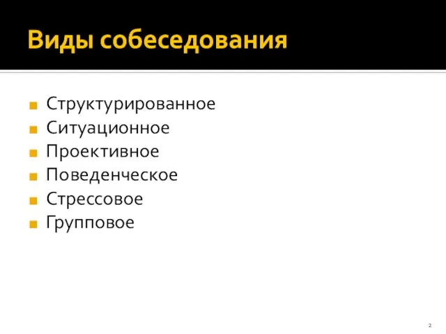 Виды собеседования Структурированное Ситуационное Проективное Поведенческое Стрессовое Групповое