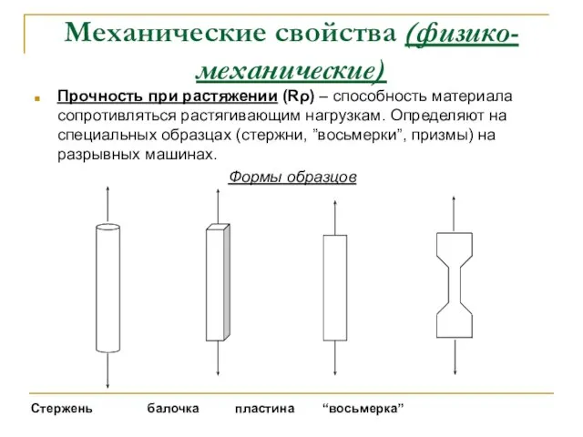 Механические свойства (физико-механические) Прочность при растяжении (Rρ) – способность материала сопротивляться