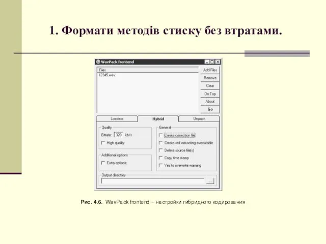 1. Формати методів стиску без втратами. Рис. 4.6. WavPack frontend – настройки гибридного кодирования