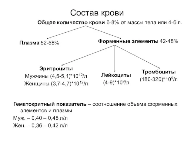 Состав крови Общее количество крови 6-8% от массы тела или 4-6