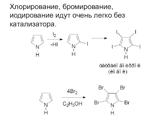 Хлорирование, бромирование, иодирование идут очень легко без катализатора.