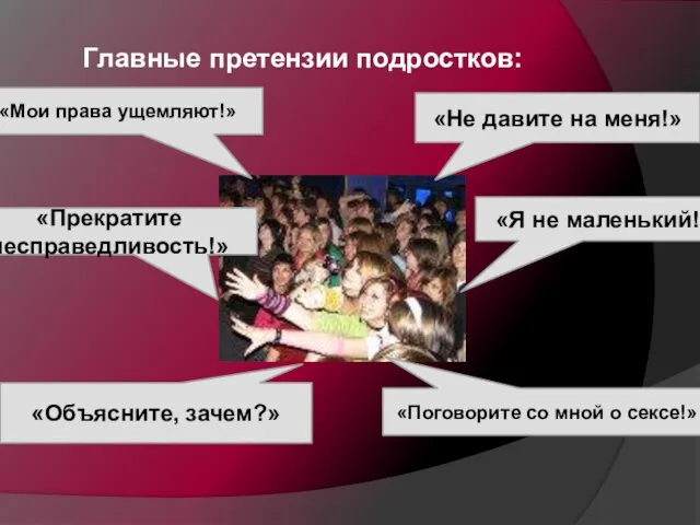 Главные претензии подростков: «Мои права ущемляют!» «Прекратите несправедливость!» «Не давите на