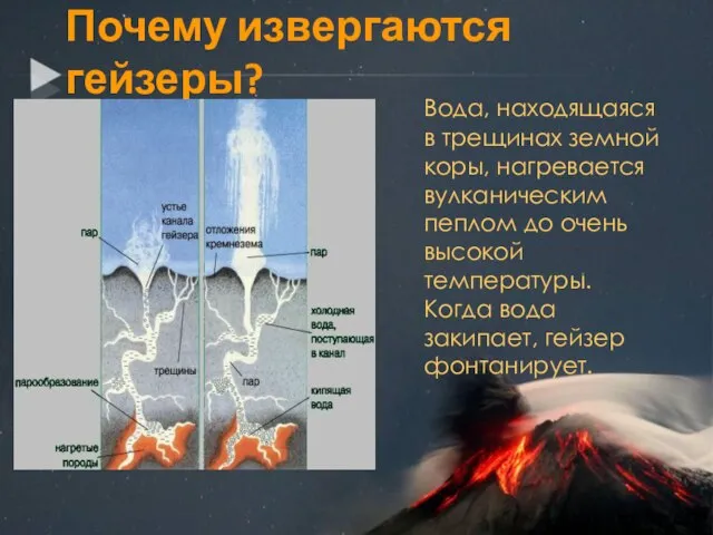 Почему извергаются гейзеры? Вода, находящаяся в трещинах земной коры, нагревается вулканическим
