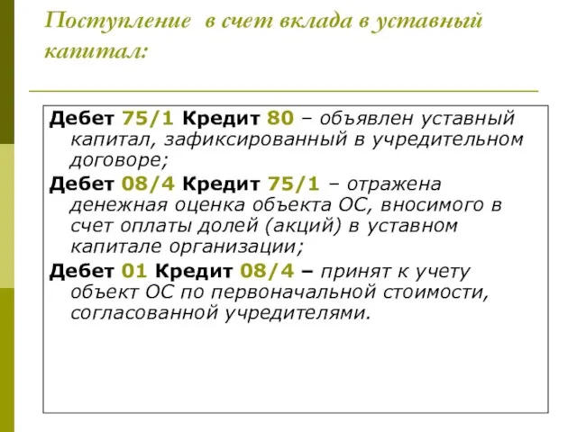 Поступление в счет вклада в уставный капитал: Дебет 75/1 Кредит 80